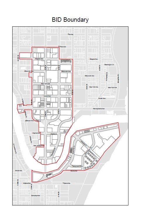 A map of Sheboygan's Harbor Centre Business Improvement District boundaries, covering downtown, the Riverfront and South Pier.