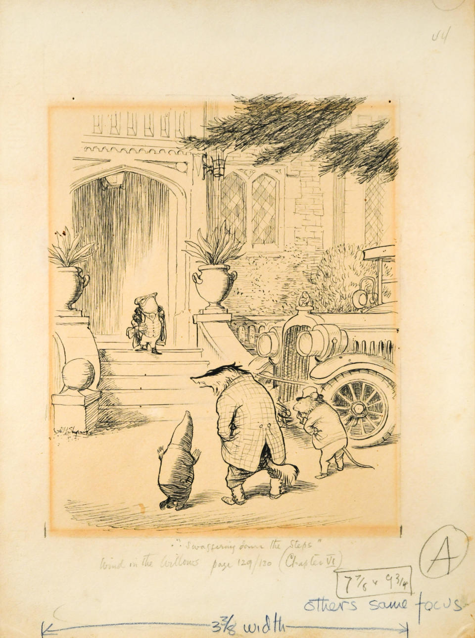 An original illustration for Wind in the Willows, showing Mr Toad, Ratty, Badger and Mole outside Toad Hall, has sold at auction for £33,644. (Cheffins auctioneers/ PA)