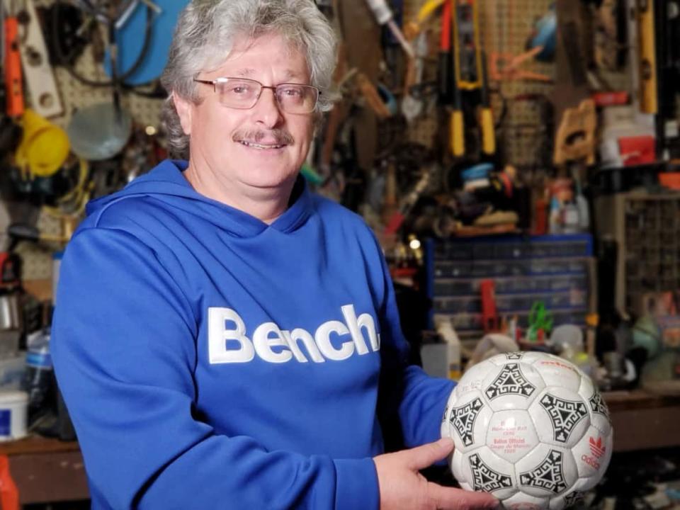 Faron Penney has been sitting on a piece of Canadian soccer history for the last 36 years. The World Cup qualifying game ball from the 1985 match in St. John's is on its way to its final home at the Canada Soccer Hall of Fame.  (Mike Moore/CBC - image credit)