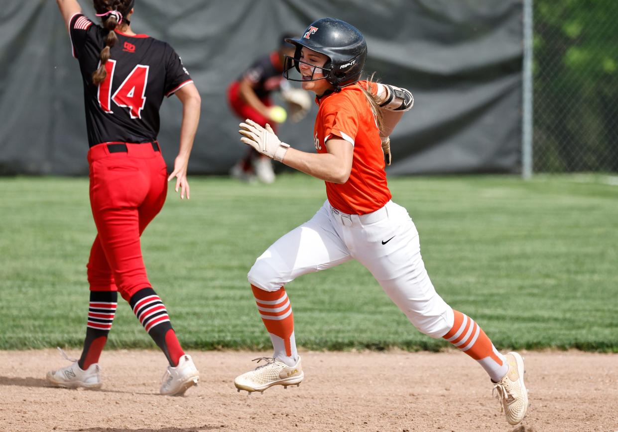 Tecumseh's Lucy Whelan runs the bases for a triple during Monday's doubleheader against Pinckney