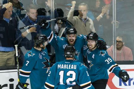 May 25, 2016; San Jose, CA, USA; San Jose Sharks right wing Joonas Donskoi (27) celebrates after scoring a goal against the St. Louis Blues in the third period of game six in the Western Conference Final of the 2016 Stanley Cup Playoffs at SAP Center at San Jose. The Sharks won 5-2. Mandatory Credit: John Hefti-USA TODAY Sports