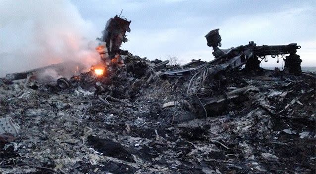 Smoke rises up at a crash site of a passenger plane, near the village of Grabovo, Ukraine after debris from MH17 crashed to the ground. Photo: AP/Dmitry Lovetsky.