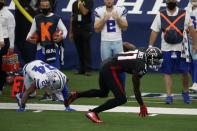 Atlanta Falcons wide receiver Julio Jones (11) makes a catch in front of Dallas Cowboys' Chidobe Awuzie (24) in the second half of an NFL football game in Arlington, Texas, Sunday, Sept. 20, 2020. (AP Photo/Michael Ainsworth)