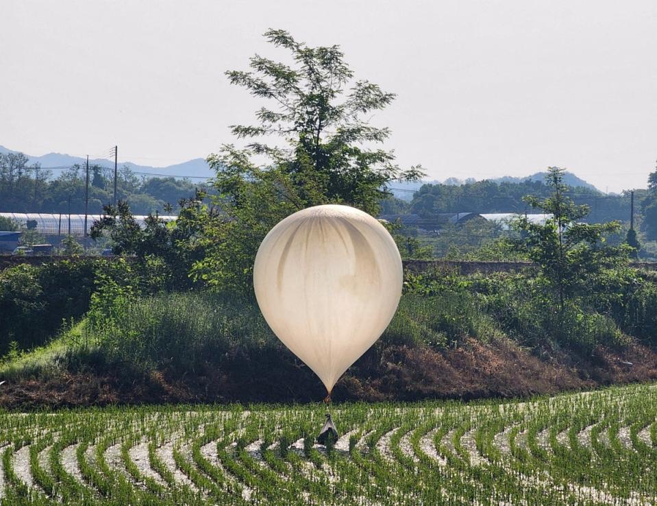 A balloon believed to have been sent by North Korea, carrying various objects including what appeared to be trash and excrement, is seen over a rice field in border county Cheorwon (Reuters)