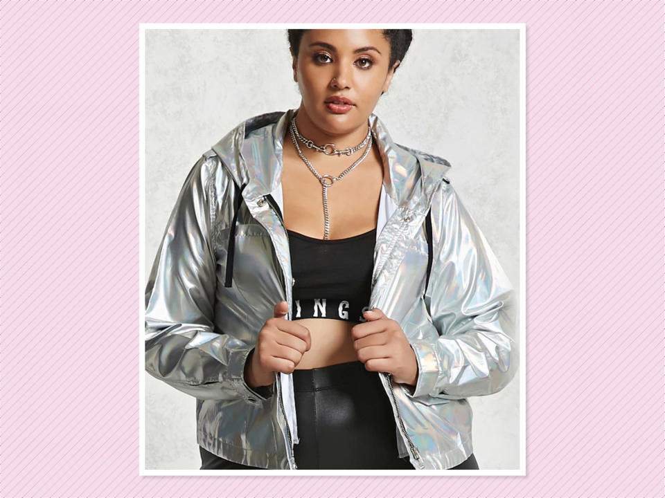 <p>Plus-Size Holographic Jacket, $30, <a rel="nofollow noopener" href="https://www.forever21.com/us/shop/Catalog/Product/plus/plus_size-outerwear/2000112662" target="_blank" data-ylk="slk:Forever 21;elm:context_link;itc:0;sec:content-canvas" class="link ">Forever 21</a> (Photo: Forever 21) </p>