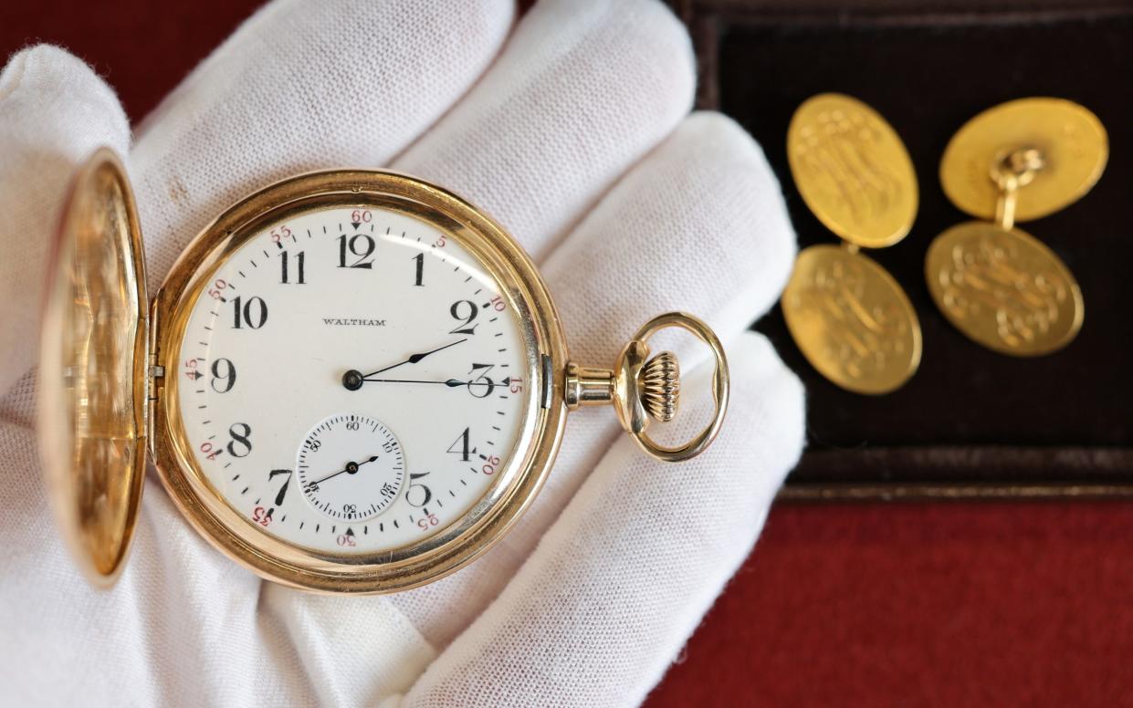 The gold pocket watch, along with some cufflinks also for sale, that went down with John Jacob Astor and the Titanic