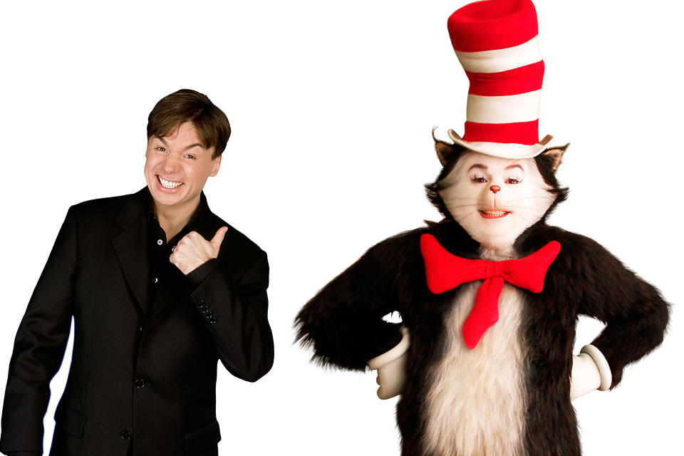 Myers and his feline alter ego in the disastrous 2003 Dr. Seuss movie, The Cat in the Hat. (Everett Collection)