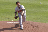 Baltimore Orioles starting pitcher Keegan Akin throws to Toronto Blue Jays' Cavan Biggio during the first inning of a baseball game, Sunday, Sept. 27, 2020, in Buffalo, N.Y. (AP Photo/Jeffrey T. Barnes)