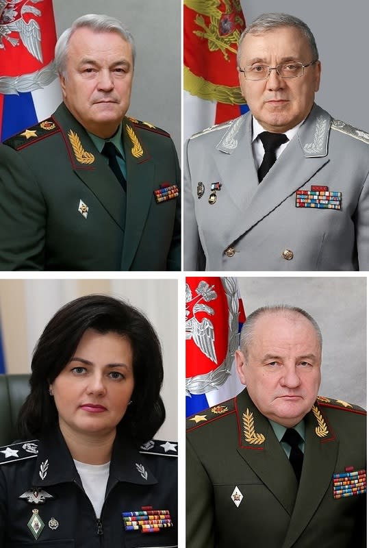 被撤換的原俄羅斯國防部副部長潘科夫（上圖左赸）、察利科夫，與謝夫特索娃（下圖左起）、波波夫等人，軍方資歷豐富。   圖：翻攝自維基網站／新頭殼合成