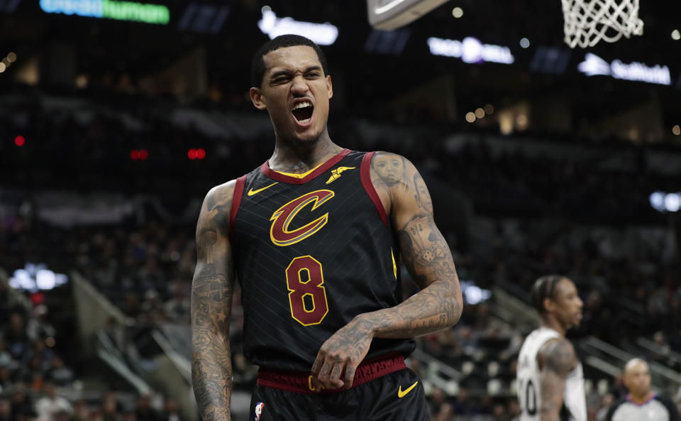 Cleveland Cavaliers guard Jordan Clarkson (8) reacts after a play during the second half of an NBA basketball game against the San Antonio Spurs, in San Antonio, Thursday, Dec. 12, 2019. (AP Photo/Eric Gay)