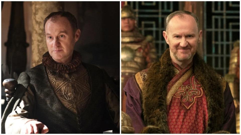 Split image of actor Mark Gatiss in the roles of Tycho Nestoris in "Game of Thrones" and "Isaac Newton" in "3 Body Problem" 