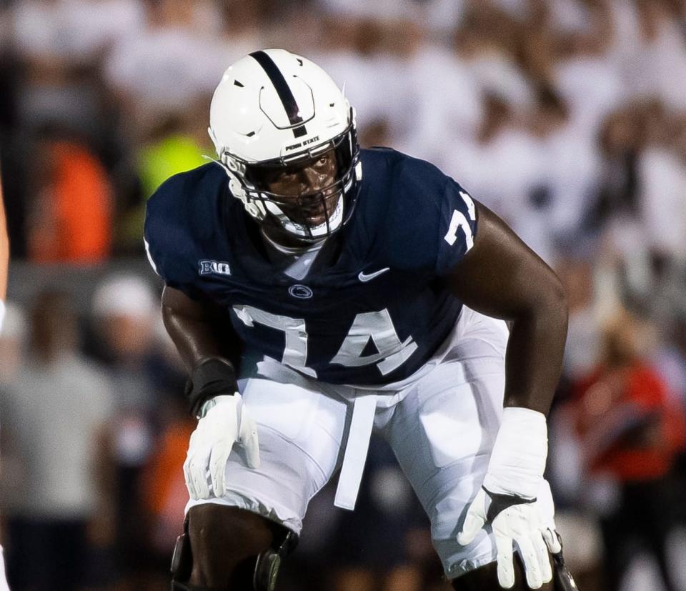 Penn State left tackle Olu Fashanu (74) gets set before a play against West Virginia at Beaver Stadium September 2, 2023, in State College.