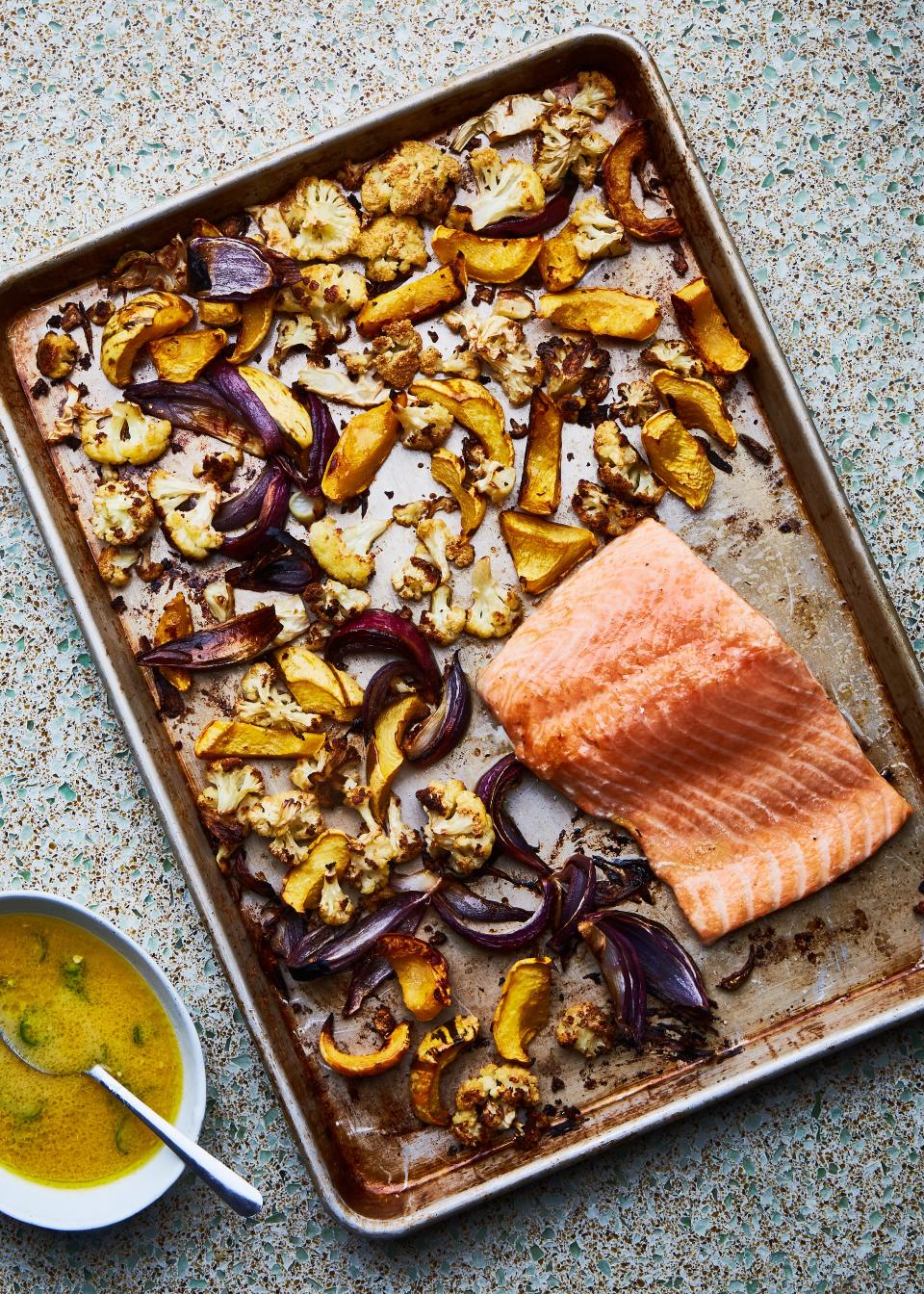 Sheet Pan Salmon and Squash with Miso Mojo