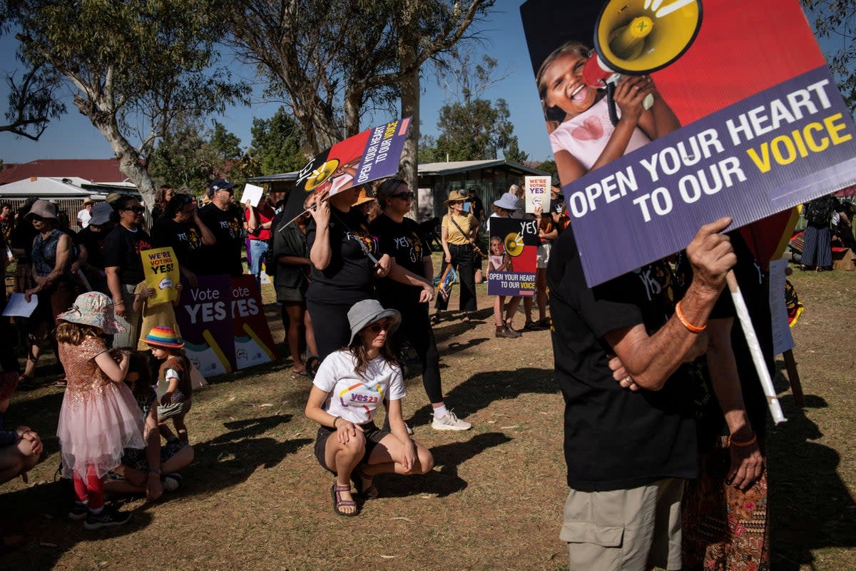 People rally during the ‘Walk for Yes’, hosted by the Yes23 campaign Australia’s upcoming referendum on Indigenous issues (Reuters)