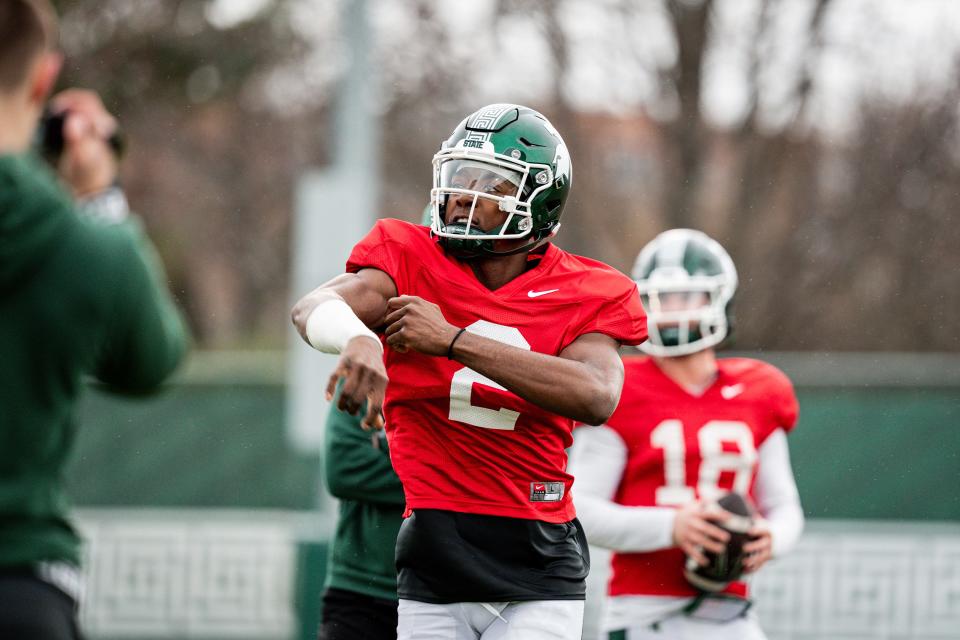 Michigan State football quarterback Aidan Chiles (2) goes through drills Tuesday, March 26, 2024, during spring practice on campus in East Lansing, Michigan.