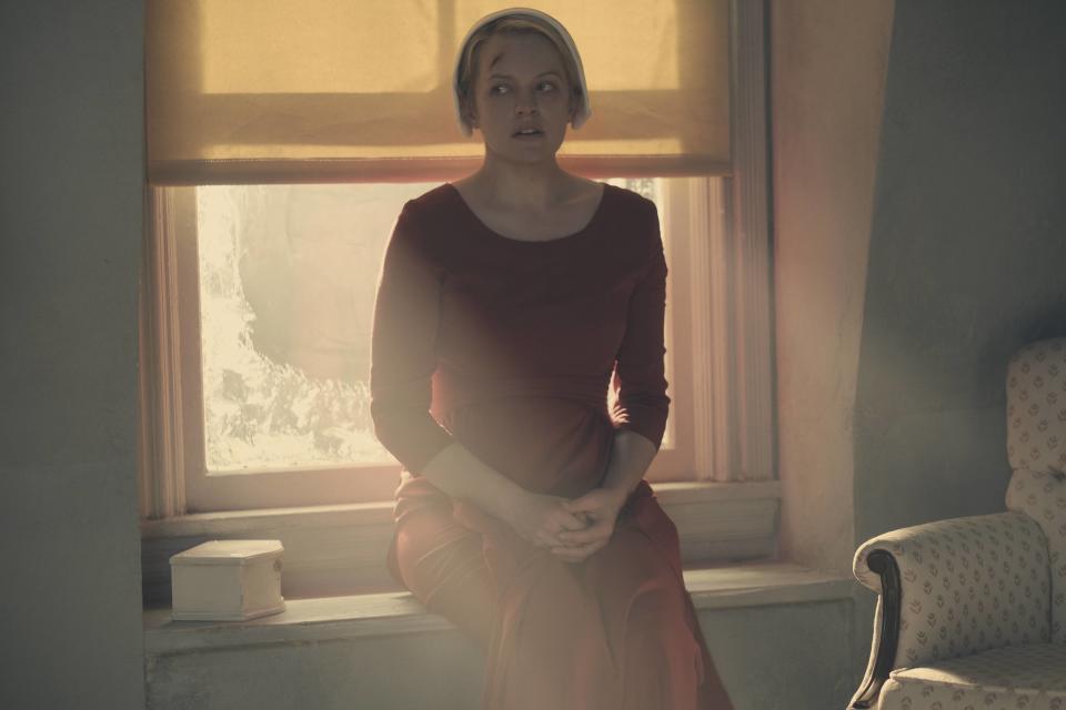 The Handmaid's Tale -- "Night" -- Episode 110 -- Serena Joy confronts Offred and the Commander. Offred struggles with a complicated, life-changing revelation. The Handmaids face a brutal decision. Offred (Elisabeth Moss), shown. (Photo by: George Kraychyk/Hulu)