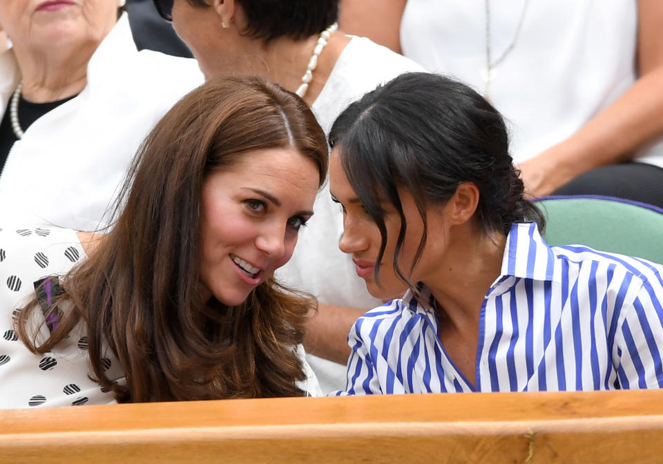 Kate Middleton and Meghan Markle looked closer than ever at the Wimbledon women’s final match. Source: Getty