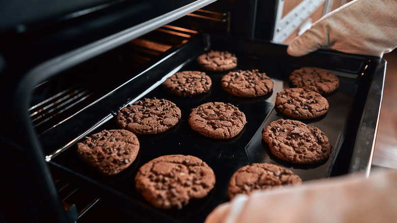 tray of cookies in oven