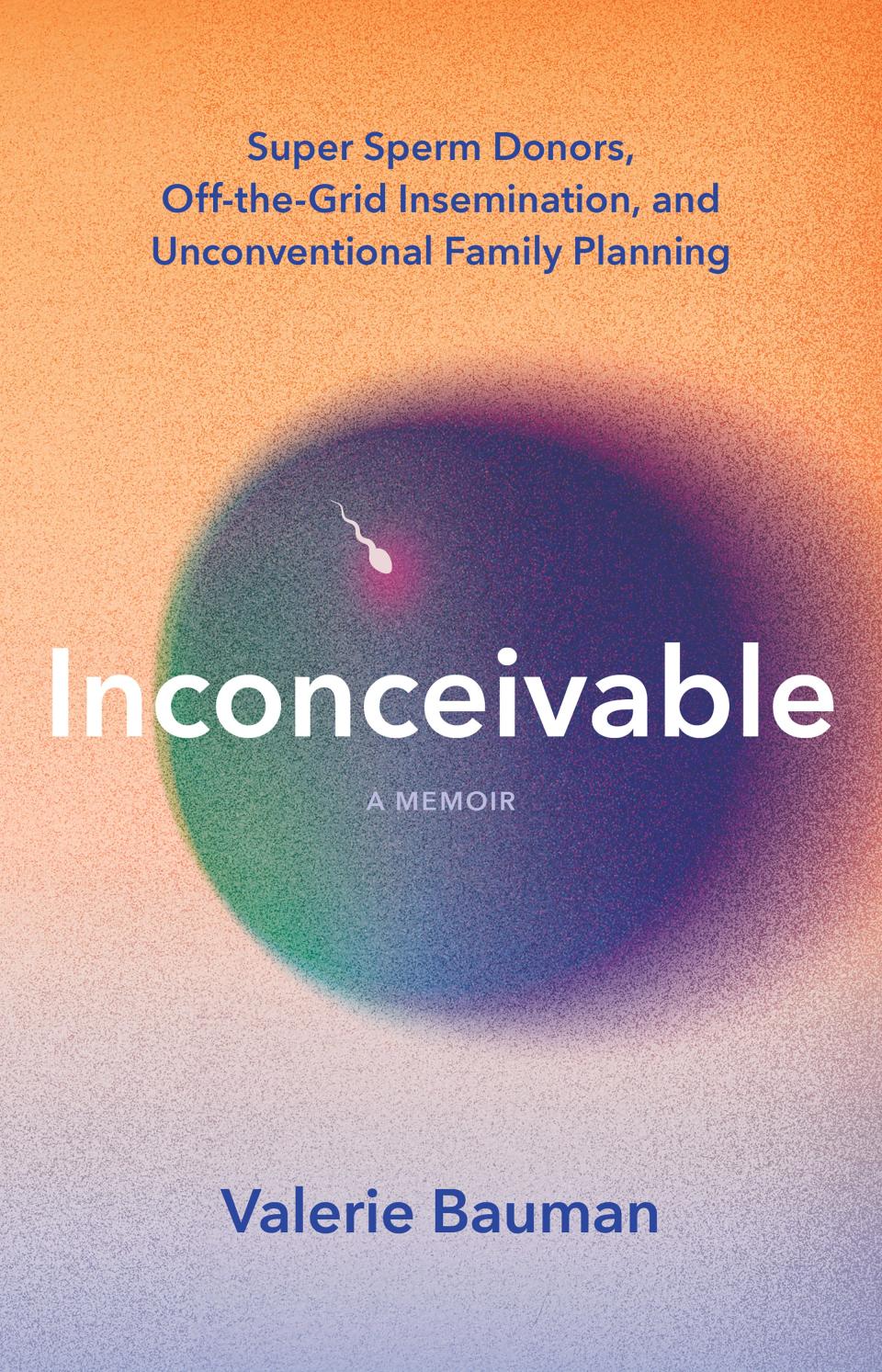 The cover of Inconceivable, Valerie Bauman's memoir. It is a light orange cover with a dark purple circle on the front.