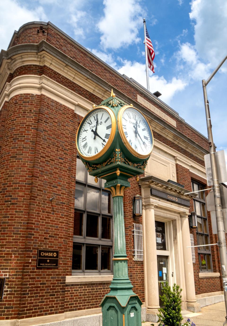 A brick building and corner clock in Montclair, New Jersey