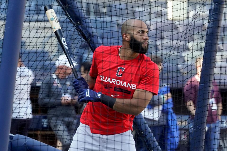 Cleveland Guardians' Amed Rosario bats during a workout ahead of Game 1 of baseball's American League Division Series against the New York Yankees, Monday, Oct. 10, 2022, in New York. (AP Photo/John Minchillo)