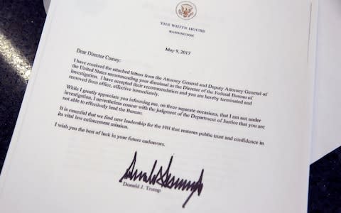  copy of the letter by U.S. President Donald Trump firing Director of the FBI James Comey - Credit: Reuters