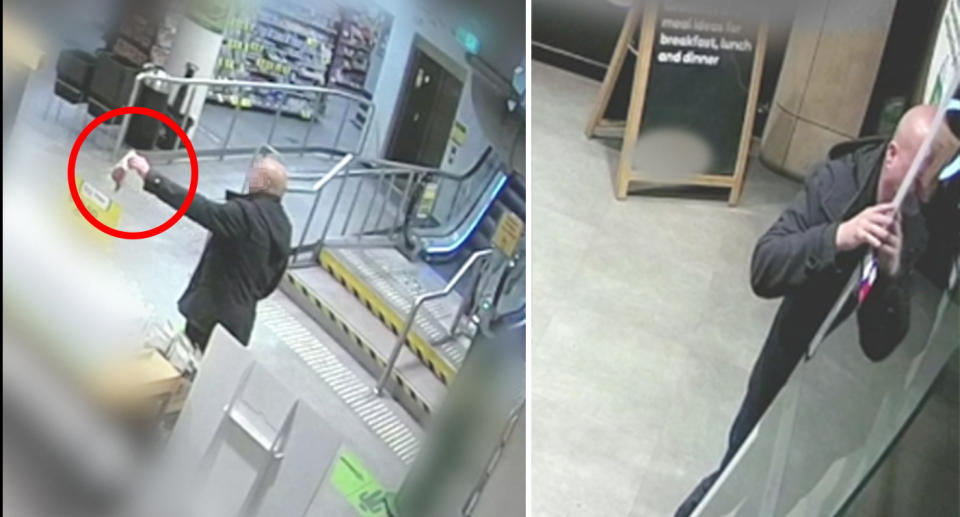 CCTV stills show a man grabbing a bag of nuts before leaving the Woolworths store.