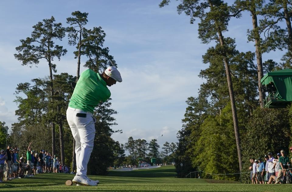Bryson DeChambeau hits a drive on the 18th hole during the first round for the Masters golf tournament Thursday, April 11, 2019, in Augusta, Ga. (AP Photo/David J. Phillip)