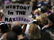 LOS ANGELES, CA - JUNE 11: A Los Angeles Kings fan holds up a sign "History in the MaKings!!" in Game Six of the 2012 Stanley Cup Final at Staples Center on June 11, 2012 in Los Angeles, California. (Photo by Jeff Gross/Getty Images)