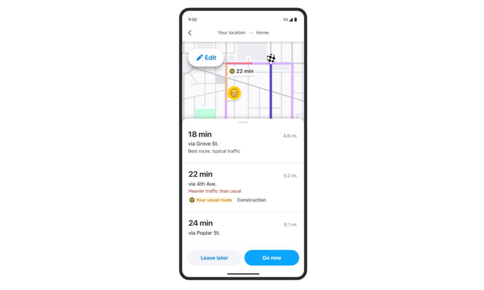 Screenshot from the Waze app. A list of possible routes — including the user's usual favorite — with times it takes to arrive (18, 22 and 24 minutes for three possiblities).