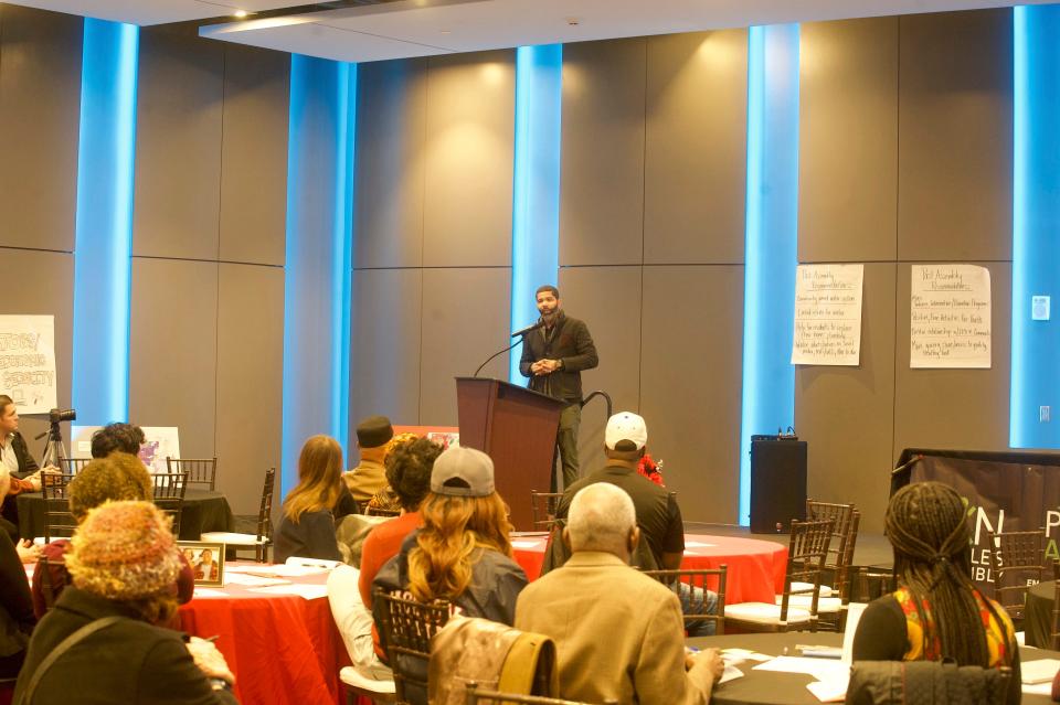 Jackson Mayor Chokwe Antar Lumumba addresses national reports of 215 bodies buried in a Hinds County pauper's field on Saturday at a meeting of the Jackson People's Assembly at the Mississippi Civil Rights Museum.