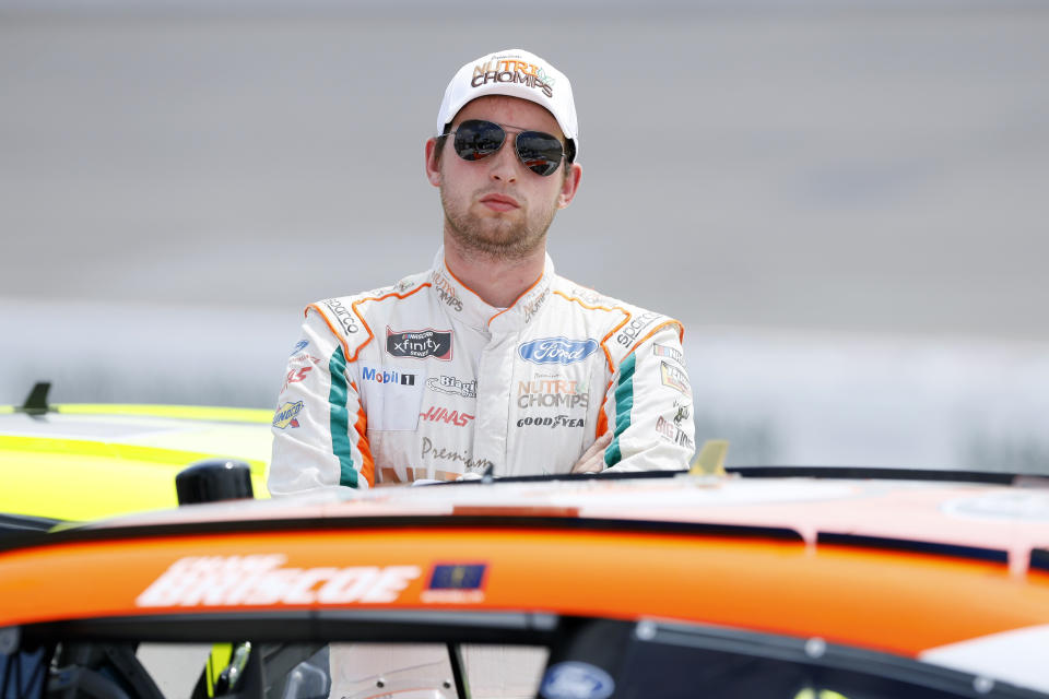 Chase Briscoe watches qualifying for a NASCAR Xfinity Series auto race, Sunday, June 16, 2019, at Iowa Speedway in Newton, Iowa. (AP Photo/Charlie Neibergall)