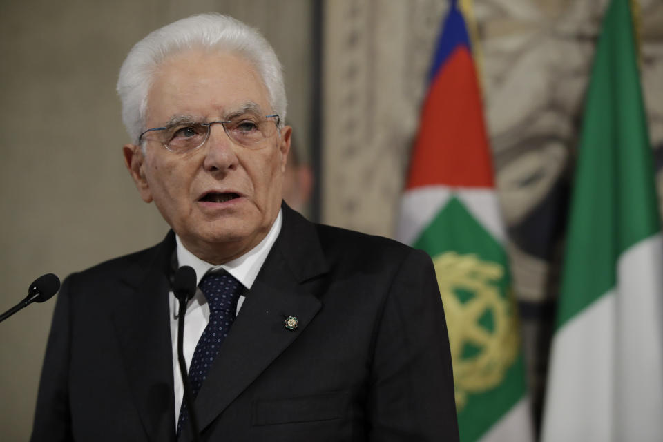 Italian President Sergio Mattarella meets reporters at Rome's Quirinale presidential palace, Thursday, Aug. 22, 2019. Mattarella continued receiving political leaders Thursday, to explore if a solid majority with staying power exists in Parliament for a new government that could win the required confidence vote. (AP Photo/Alessandra Tarantino)