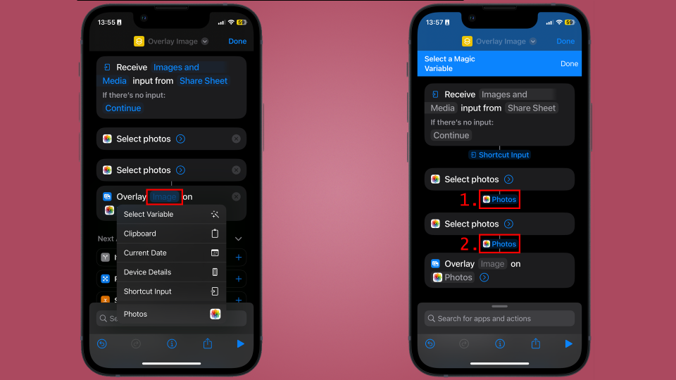 Image showing how you select the variables fdor the shortcut