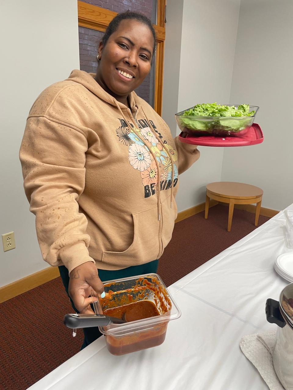 Wednesday's Cultural Cooking Club at Otis Library was the second for Allana Holmes. For that night's Korean theme, she made Leaf Wraps and Rice with a sauce.