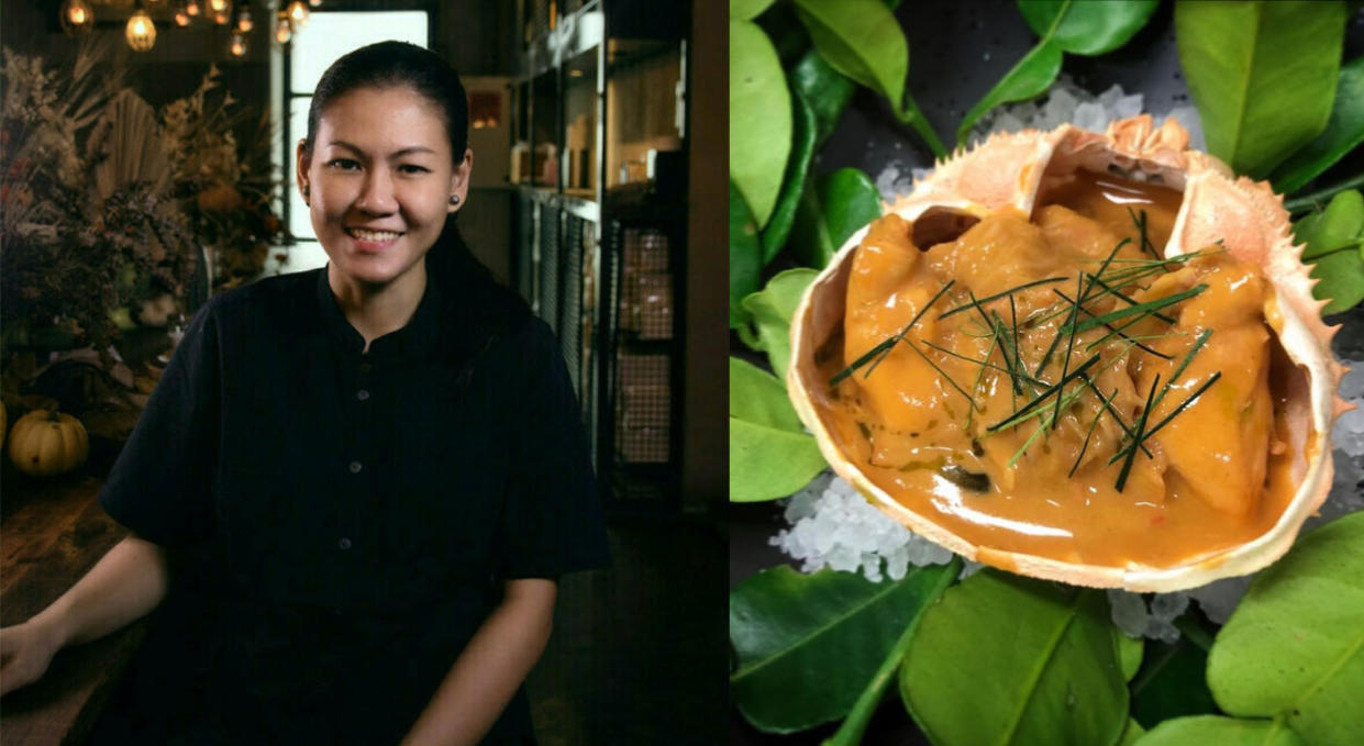 Johanne Siy (left) and Singapore's Lolla restaurant's signature dish crab relleno in aligue sauce (right).