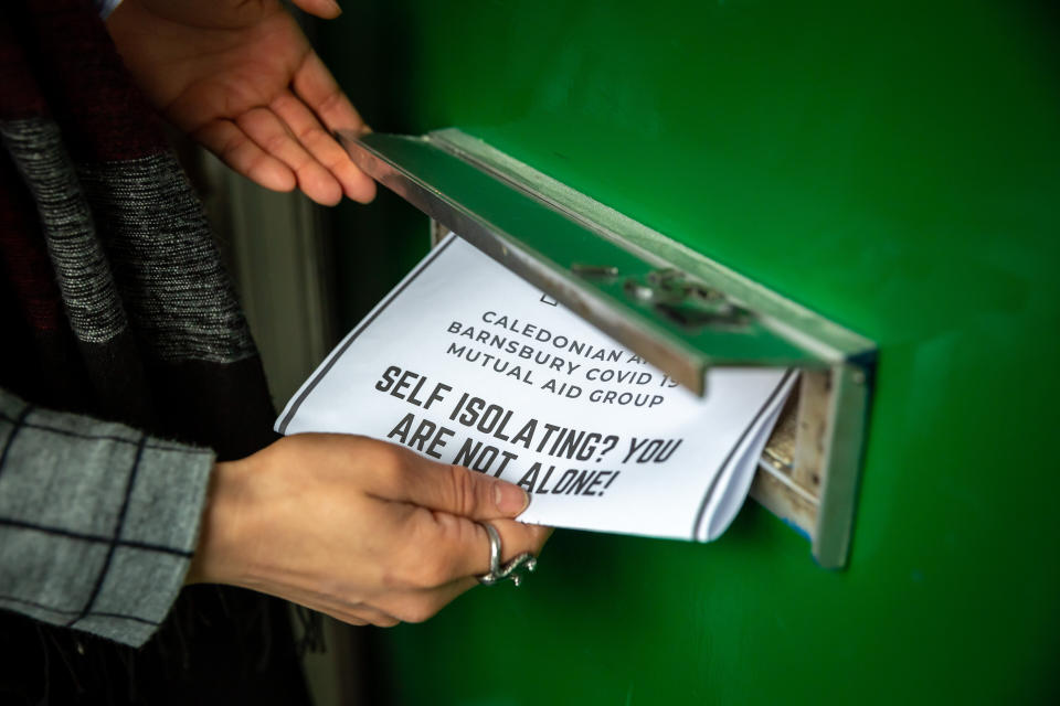 Mutual Aid and other community support groups have grown significantly in London over the last few days as people volunteer to help their neighbors who are vulnerable or self isolating with things like shopping, getting prescriptions and providing meals. (Photo: Jonathan Perugia/In Pictures via Getty Images)