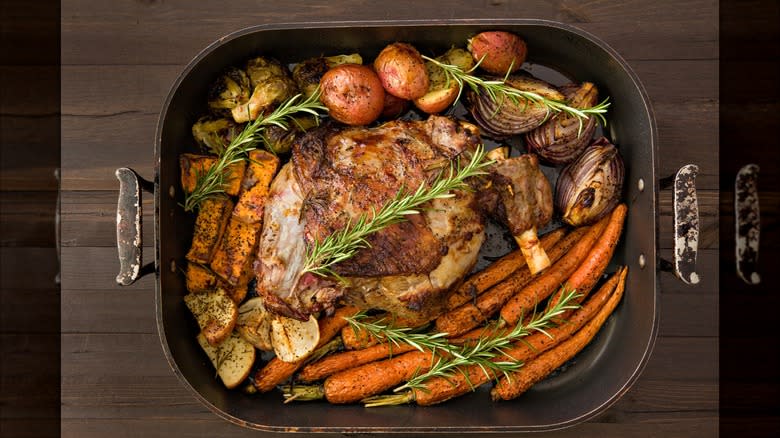 Roast lamb and veggies in pan