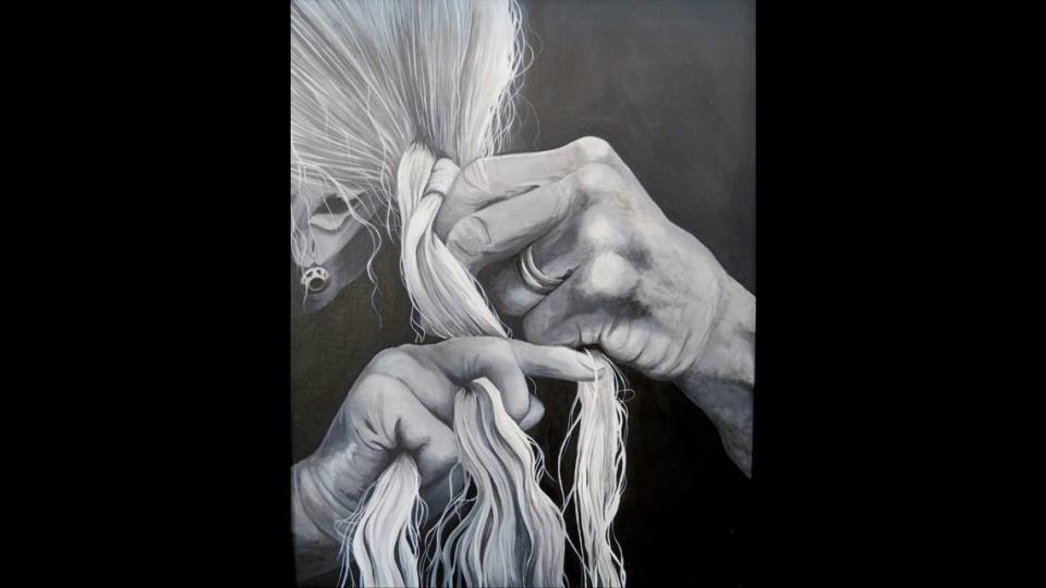 Abigail Voss of Central Community High School won an Artist’s Choice Award and a Wm. Evans Memorial Award for the acrylic artwork “Aging Hands” at Belleville’s 2024 Art on the Square.