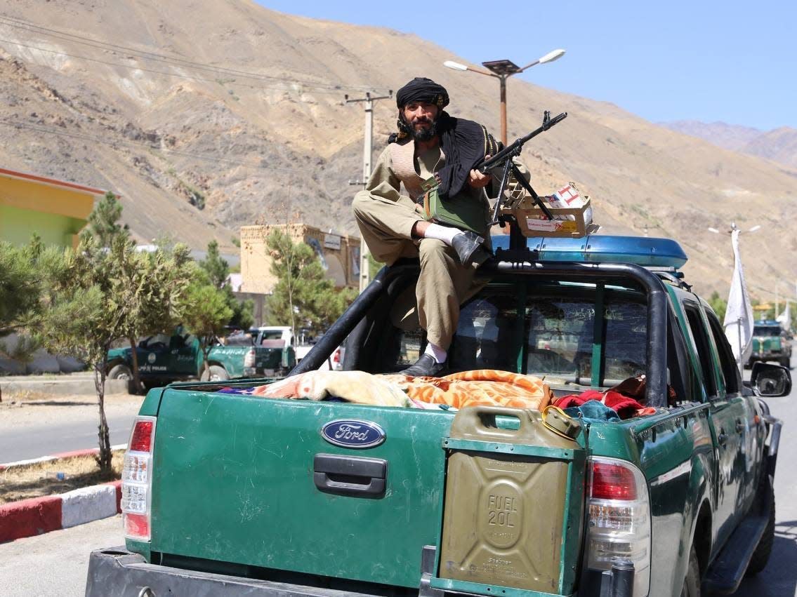 Taliban members patrol after they took over Panjshir Valley, the only province the group had not seized during its sweep last month in Afghanistan on September 6, 2021.