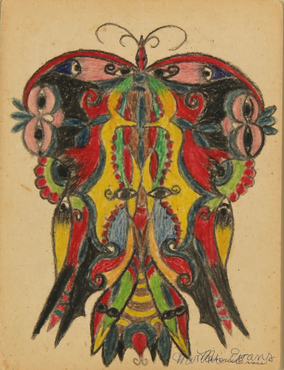 This photo provided by Material Culture, “Untitled, Butterfly & Faces” by Minnie Evans is shown. Now 70 and having spent the better part of three decades amassing pieces from Haiti and other Caribbean countries as well as the United States, South America and Africa, the director of "The Silence of the Lambs" Jonathan Demme said he's looking to "streamline and simplify" his life by selling 90 percent of his well-regarded collection of self-taught or "outsider" art. More than 900 pieces, many of them by artists with little or no formal training but abundant talent — will be auctioned at Philadelphia's Material Culture on March 29-30. The sale will be preceded by a weeklong exhibition that is free and open to the public. (AP Photo/Material Culture)