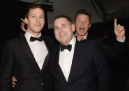 <p>Bush, President Trump’s partner in that infamous <em>Access Hollywood</em> tape, photobombed <em>Brooklyn Nine-Nine</em> producer and star Samberg, left, and his buddy Hill in 2016. Well, one of them looks amused… (Photo: Michael Kovac/Getty Images for Moet & Chandon) </p>