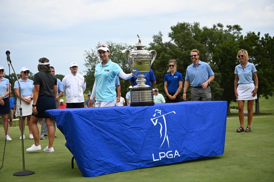 Senior LPGA golfer Karrie Webb poses with the trophy after winning the 2022 Senior LPGA Championship Sunday, July 24, 2022 at Salina Country Club.