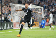 Minnesota United midfielder Kervin Arriaga (33) celebrates after scoring a goal against Toronto FC during the second half of an MLS soccer match Saturday, June 3, 2023, in St. Paul, Minn. (Alex Kormann=mnmit=