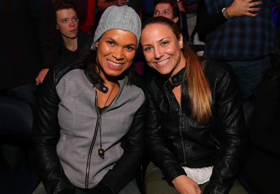 <p>UFC bantamweight champion Amanda Nunes (left) and girlfriend Nina Ansaroff are seen during the UFC 205 event at Madison Square Garden on November 12, 2016 in New York City. (Photo by Mike Stobe/Zuffa LLC/Zuffa LLC via Getty Images) </p>