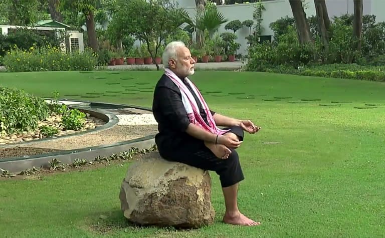 Indian Prime Minister Narendra Modi, 67, released a two minute exercise video clip shot in the lush garden of his New Delhi residence