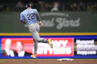 Tampa Bay Rays' Jose Siri rounds the bases after hitting a solo home run during the third inning of a baseball game against the Milwaukee Brewers Tuesday, April 30, 2024, in Milwaukee. (AP Photo/Aaron Gash)