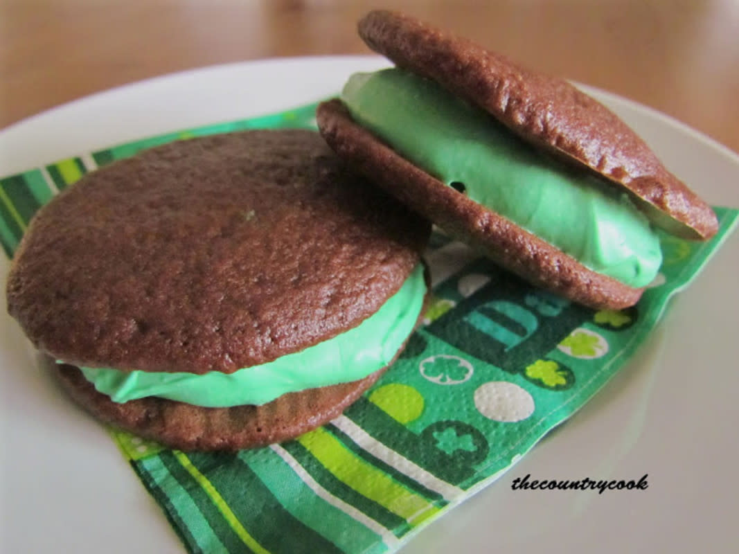 <p>The Country Cook</p><p><strong>Get the recipe: <a href="https://www.thecountrycook.net/chocolate-whoopie-pies/" rel="nofollow noopener" target="_blank" data-ylk="slk:St. Patricks Day Whoopie Pies;elm:context_link;itc:0;sec:content-canvas" class="link rapid-noclick-resp">St. Patricks Day Whoopie Pies</a></strong></p>