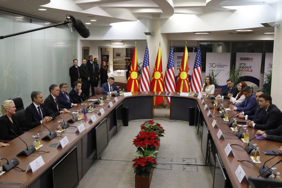 U.S. Secretary of State Antony Blinken, second left, talks to North Macedonia's Foreign Minister Bujar Osmani, right, during a bilateral meeting of their delegations at the foreign ministry building in Skopje, North Macedonia, on Wednesday, Nov. 29, 2023. Secretary Blinken is on a brief visit to Skopje, North Macedonia, during the OSCE (Organization for Security and Co-operation in Europe) meeting. (AP Photo/Boris Grdanoski)