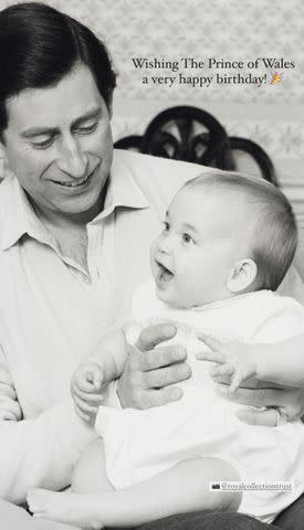 <p>Tim Graham Photo Library via Getty; The Royal Family/Instagram</p> King Charles with Prince William as a baby